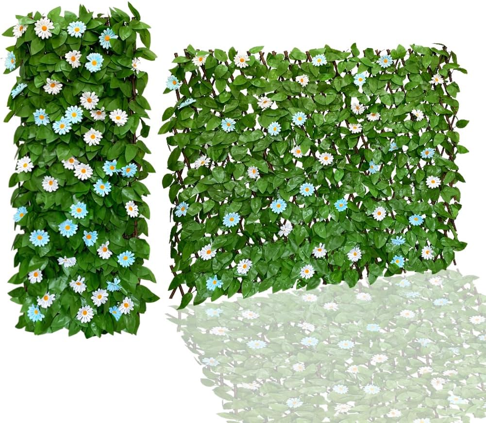 Expandable Fence Privacy Screen for Balcony Patio Outdoor,Decorative Faux Ivy Fencing Panel,Artificial Hedges (Single Sided Leaves)… (2, Daisy)