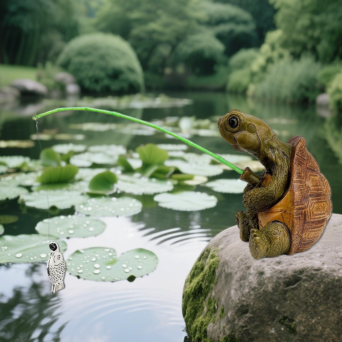 Turtle Fishing Statue 2.4In Cute Resin Fishing Turtle,Pond Decor Water Feature,Turtles Garden Decorations for Backyard Ponds,Patios,Lawn Ornament,Birthday Gift