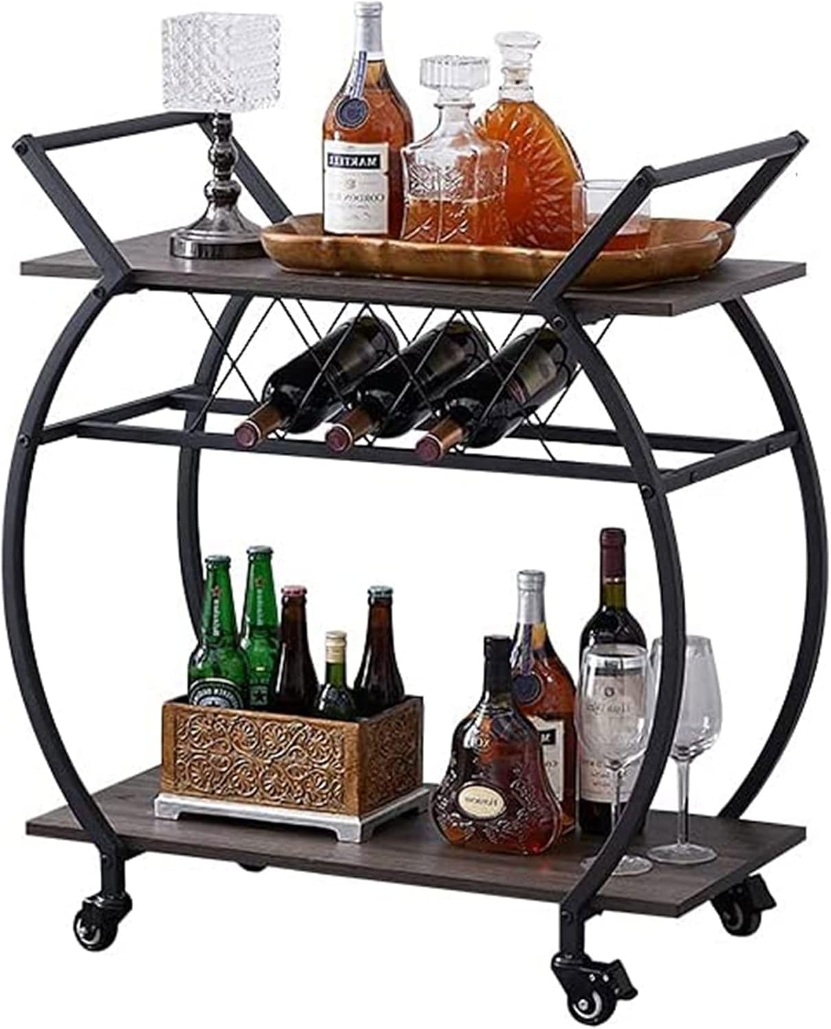 LVB Bar Cart with Wine Rack, 2 Tier Kitchen Cart on Wheels, Industrial Wood and Metal Portable Coffee Cart Table for Home, Rustic Modern Mobile Rustic Rolling Serving Cart with Shelves, Dark Oak
