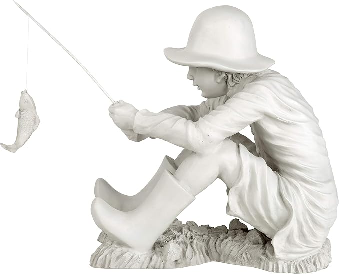 Design Toscano Gone Fishing Fisherman Boy Garden Statue, 17 Inch Tall, Cast Stone Resin, Two Tone Stone Finish