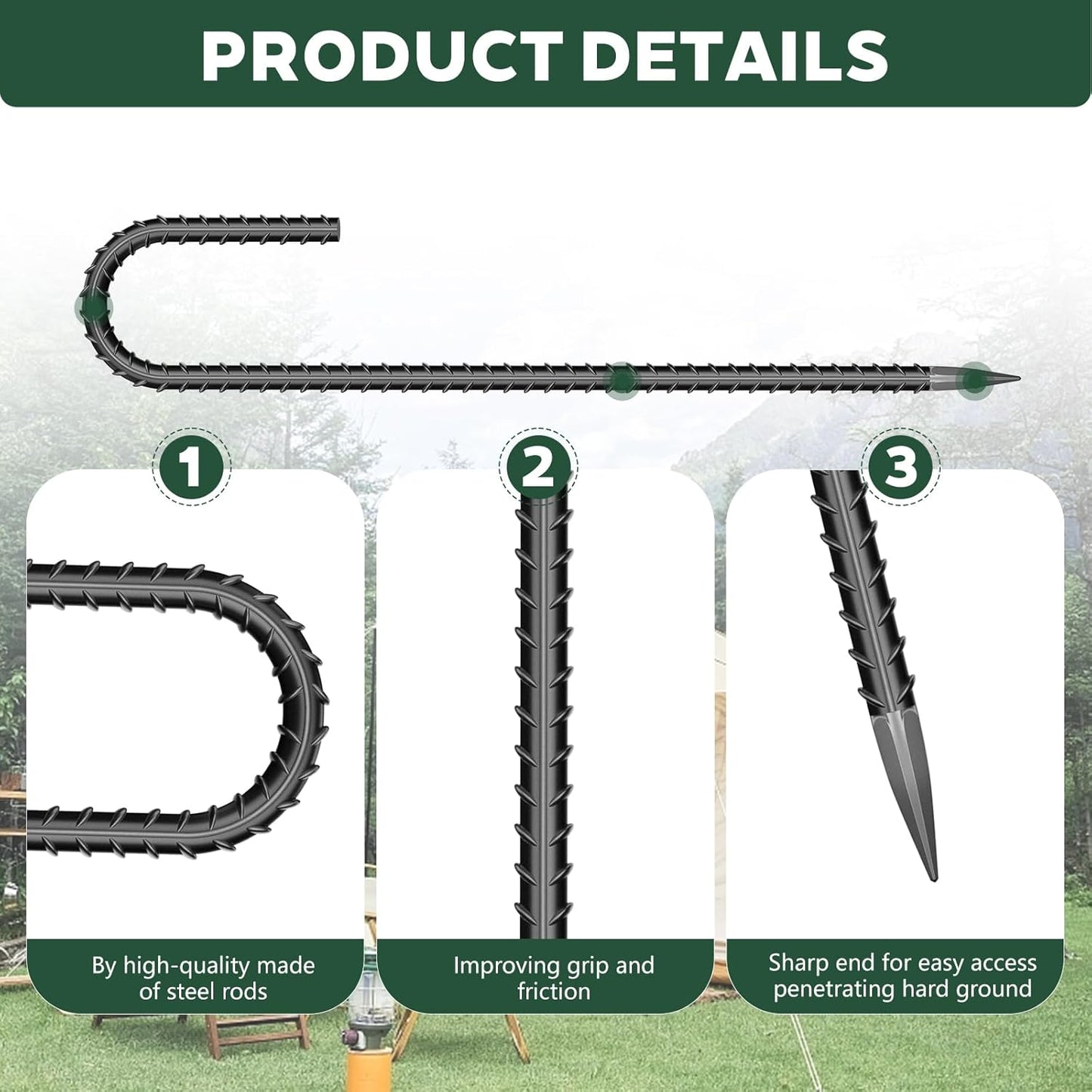 10 Pieces 12 Inch Long 5/16 Inch Diameter Rebar Tent Stakes Heavy Duty, Ground Anchors,Rebar Yard Fence Metal Lawn Bounce House Stakes Heavy Duty, Chain Link Fence J Hooks for Garden Wire Fencing