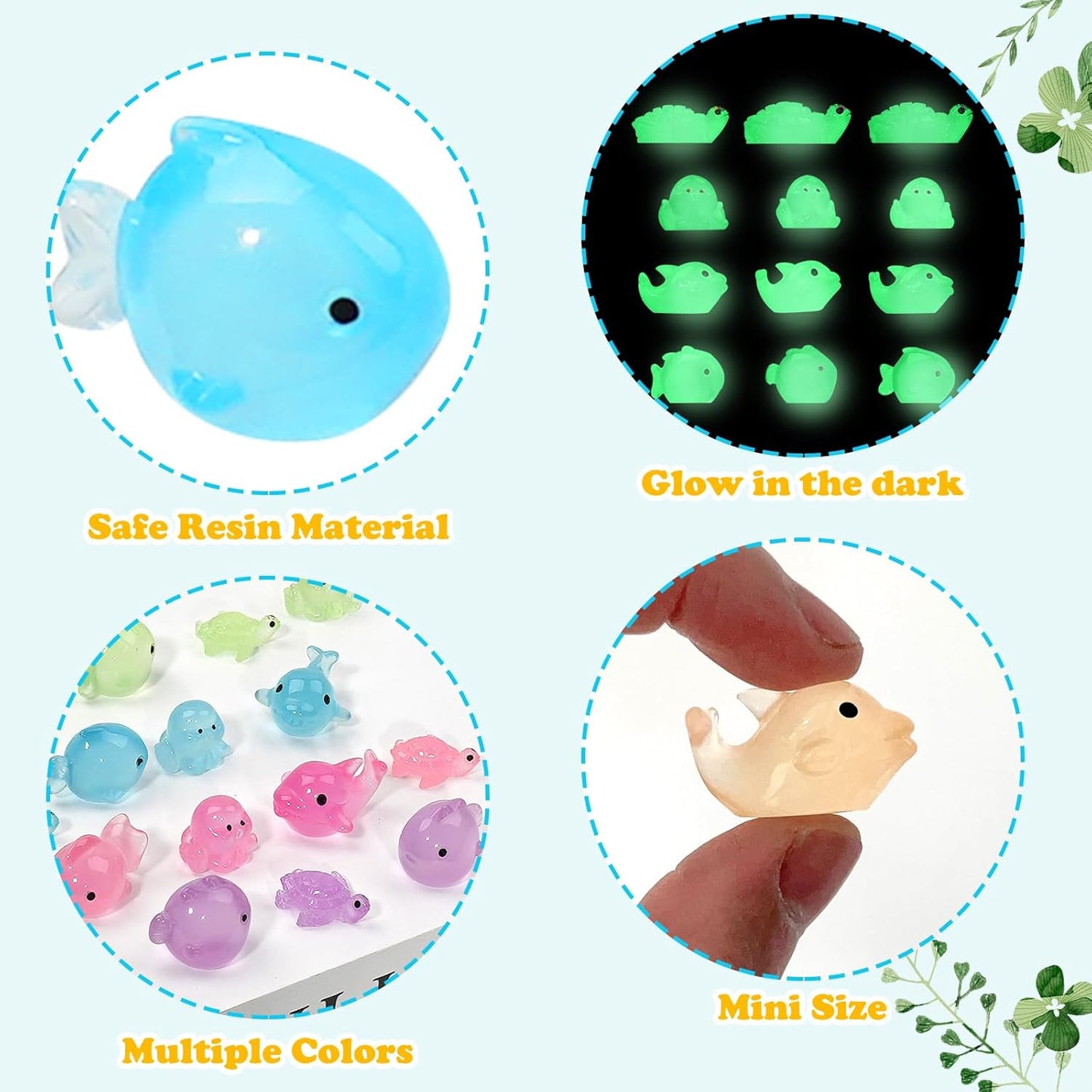 Mini Resin Ocean Animals Figures to Hide 72 PCS Luminous Tiny Miniature Figurines Bulk Glow in The Dark Include Baby Octopus Small Turtle Dolphin Fish for Aquarium Garden Micro Landscape Dollhouse