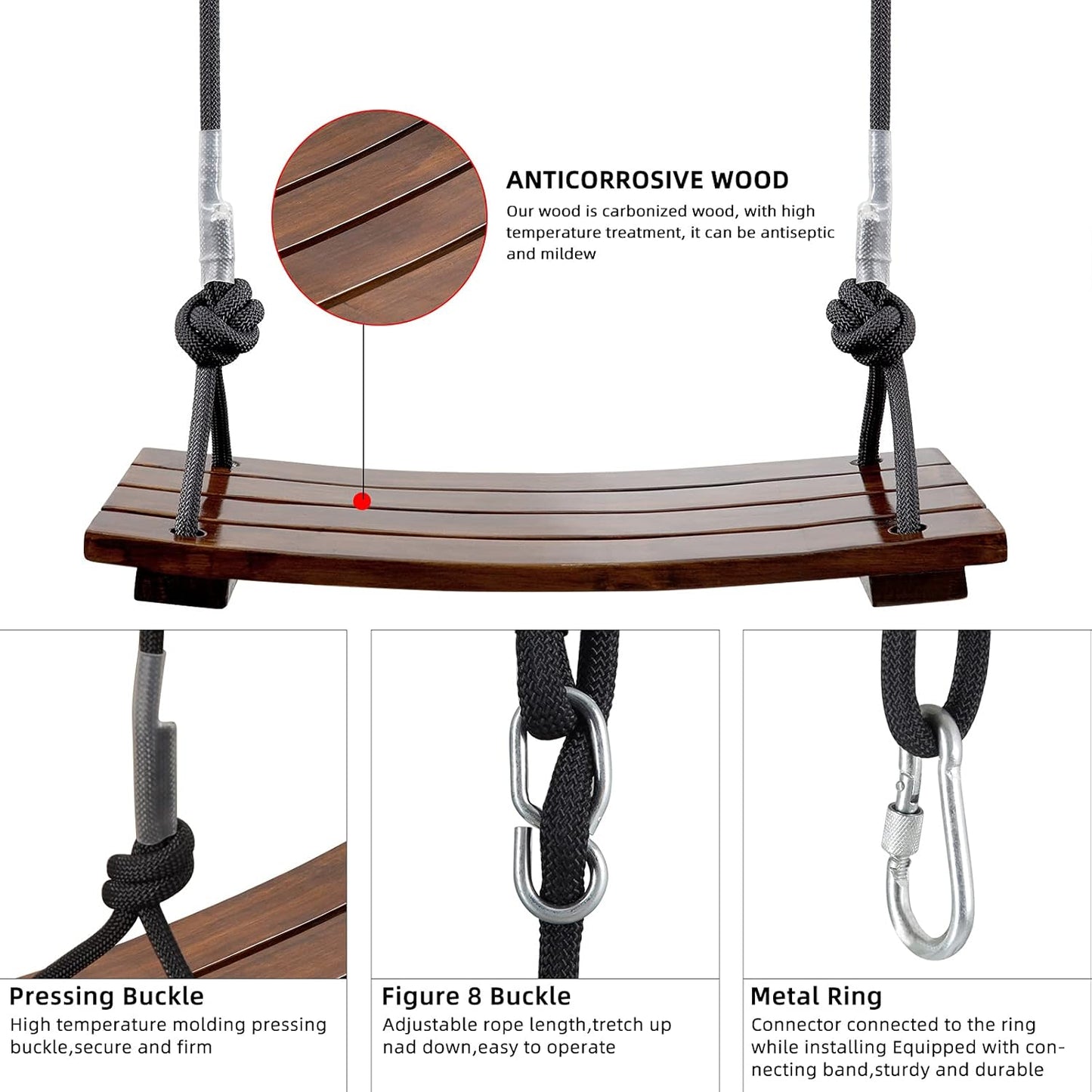 Pellor Wood Tree Swing Seat,Indoor Outdoor Rope Wooden Swing Set for Children Adult Kids (Chocolate)