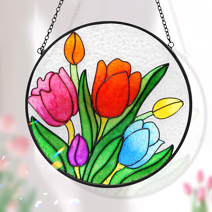 Tuitessine Tulip Suncatcher Stained Glass Window Hanging Panels, 6.3''x6.3'' Round Handmade Hanging Ornament with Chain, Garden Patio Wall Decor Flower Gift for Mom Teachers Friends