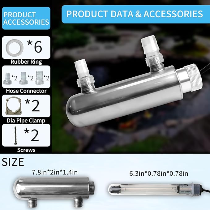 UV Pond Water Clarifier for 20-300 Gallon, UV Sterilizer for Swimming Pool, Spa, Large Fish Tank, Cold Plunge, 12MM/16MM/20MM/Pipe Diameter Available Ultraviolet Clarifier for Green Water