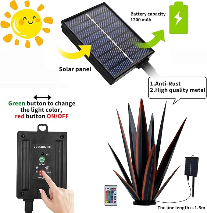 Large Tequila Rustic Sculpture, Rustic Metal Agave Plants for Outdoor Patio Yard, Home Decor Hand Painted Metal Agave Garden Yard Statue, Outdoor Lawn Ornaments (Red - L (W/Solar Light))