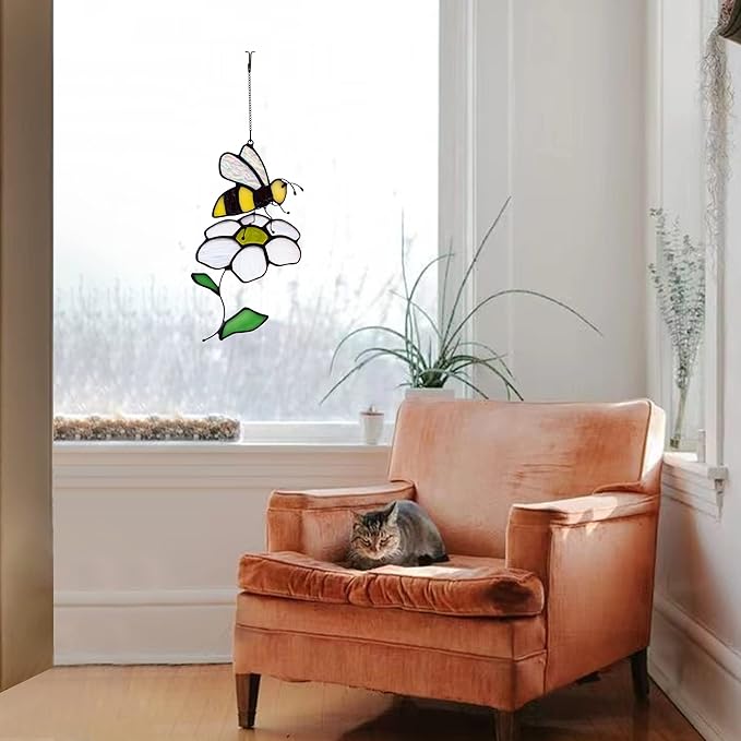Bee Suncatcher Flower Stained Glass Window Hangings, Bee Decor Party Birthday Bee Gifts for Women,Bee Lovers, Housewarming Gifts.