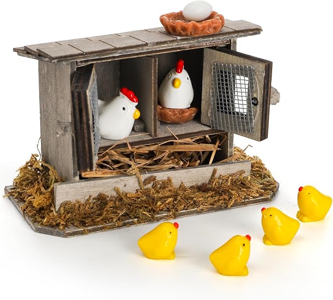 Nicunom 20Pcs Miniature Retro Wooden Chick Coop, Mini Family Chickens, Hen, Chick, Egg, Chicken Nest Ornament for Fairy Garden Accessories, Micro Landscape Lawn Decor
