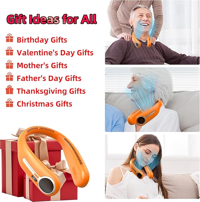Portable Neck Fan,Hands Free Personal Wearable Bladeless Fan,6000mAh USB Rechargeable,360° Cooling,LED Display,4-Speeds,Birthday Gifts for Men Women Dad Mom,Stocking Stuffers Christmas Gifts (Orange)