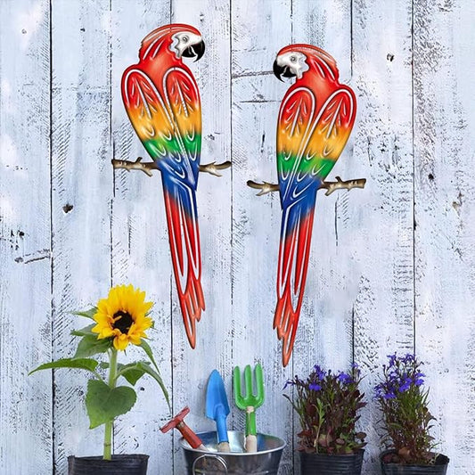 Metal Outdoor Wall Art Decor,3D Colorful Garden Birds Sculpture Outdoor Iron Hanging Parrot Decor, Metal Hand-Made Bird Wall Art Decorations for Fence Patio Balcony Living Room