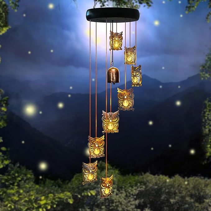 8 LED Solar Upgrade Owl Wind Chimes Outdoor,Mom Gifts for Mothers Day Grandma Wife Gift Solar Owl Wind Chimes for Outside,Hanging Lights Warm LED,Outdoor Owl Decor Christmas