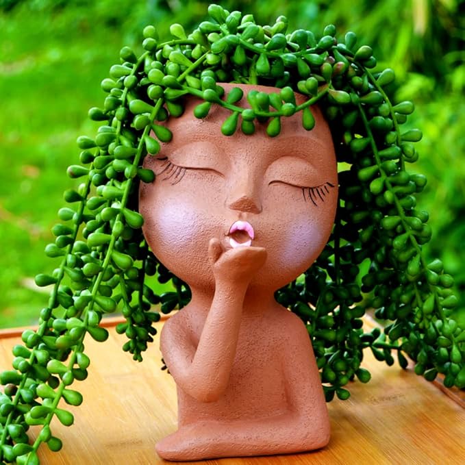 Face Planter, Head Planter, Women Faces Flower Pots, Plant Pots, Small Kissing Succulent Pots for Indoor Outdoor Plants, Cute Vase Home Decor, Brown