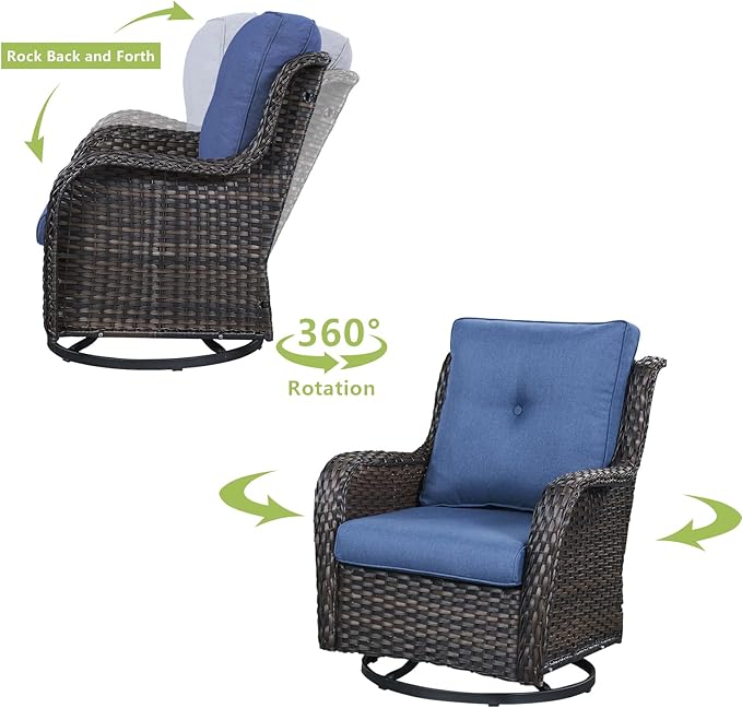 HUMMUH 4 Pieces Outdoor Furniture Patio Furniture Set Wicker Outdoor Sectional Sofa with Swivel Rocking Chairs,Outdoor Coffee Table,Brown/Blue