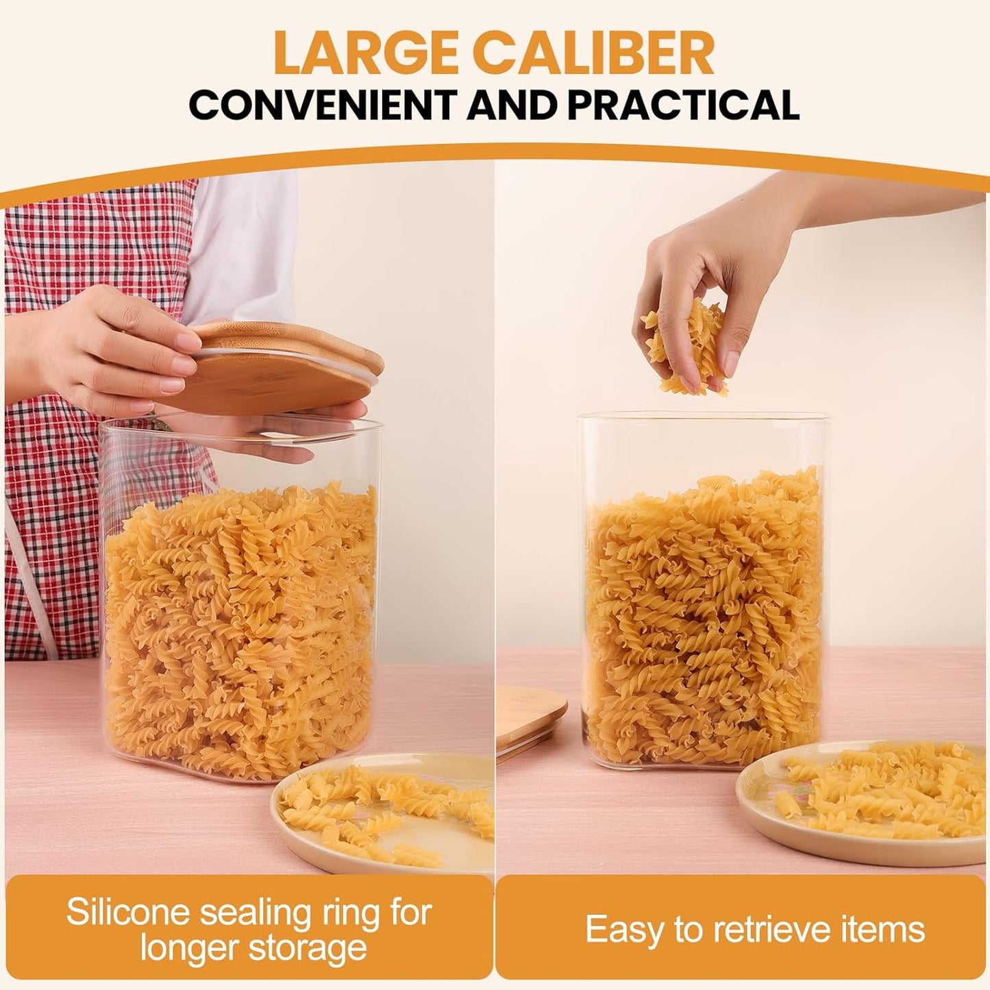 Glass Food Storage Jars 108oz Set of 2,Glass Storage Containers Clear Glass Food Canister with Bamboo Lid Airtight For Serving Tea, Coffee, Flour, Sugar, Candy, Cookie, Spice and More (Square)