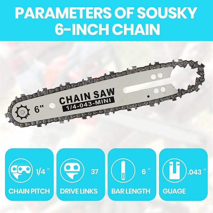 6 IN Chainsaw Chains, Chainsaw Blades 4 Pieces - 1/4" LP Pitch, .043" Gauge, 37 Drive Links, Replacement Chainsaw Chain Accessories for All 6 IN Cordless Electric Mini Chainsaws