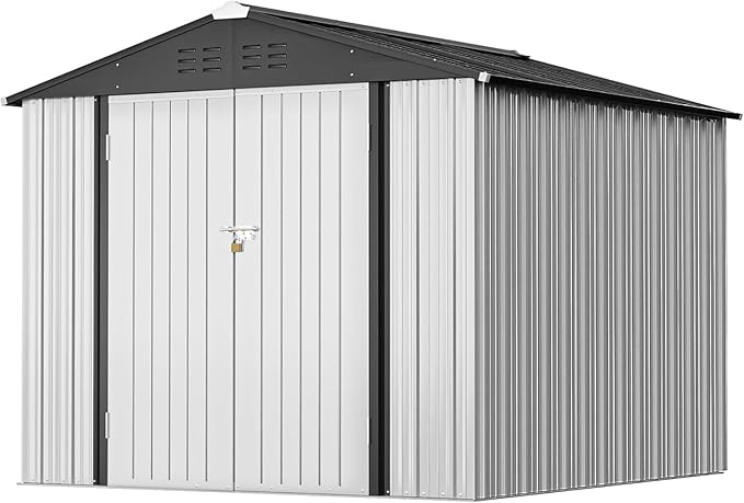 Greesum 8x6FT Outdoor Storage Shed, Utility Tool Shed Metal Storage Garden Shed with Door & Lock for Patio Storage, White
