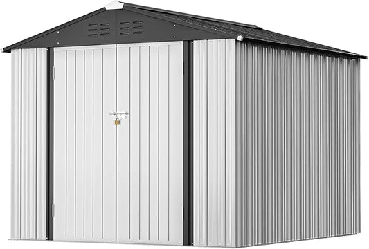 Greesum 8x6FT Outdoor Storage Shed, Utility Tool Shed Metal Storage Garden Shed with Door & Lock for Patio Storage, White