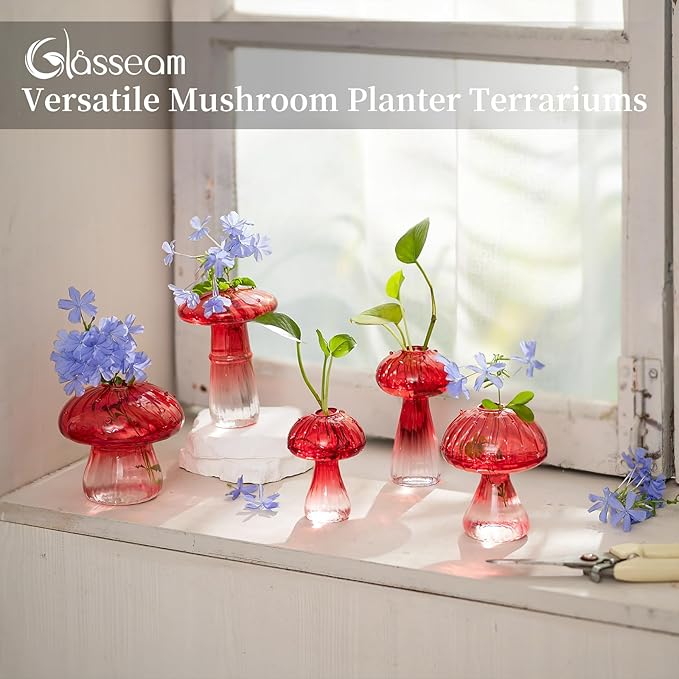 Glasseam Mushroom Plant Propagation Stations: Red Glass Terrarium Jar Set of 5 Cute Planters for Indoor Plants Decorative Propagate Station Unique Christmas Birthday Gifts for Women Home Office Decor