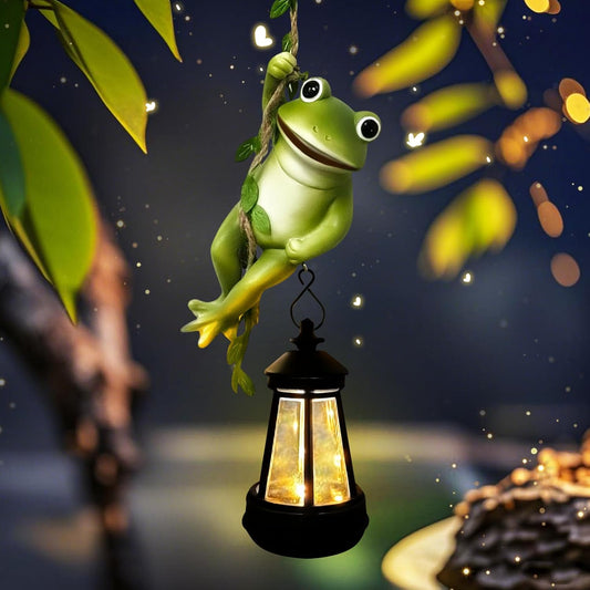 Solar Frogs Outdoor Garden Statues, Halloween Hanging Climbing Rope Frog on a Vine with Lantern Tree Hugger Figurine Lights for Outside Yard Art Sculptures Porch Balcony Wall Decor, Funny Gifts