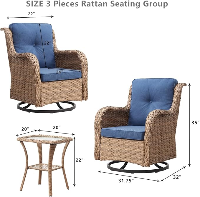 HUMMUH 5 Piece Outdoor Patio Furniture Set Wicker Conversation Bistro Set Swivel Rocking Chairs with Side Table and Ottomans for Backyard, Porch, Balcony