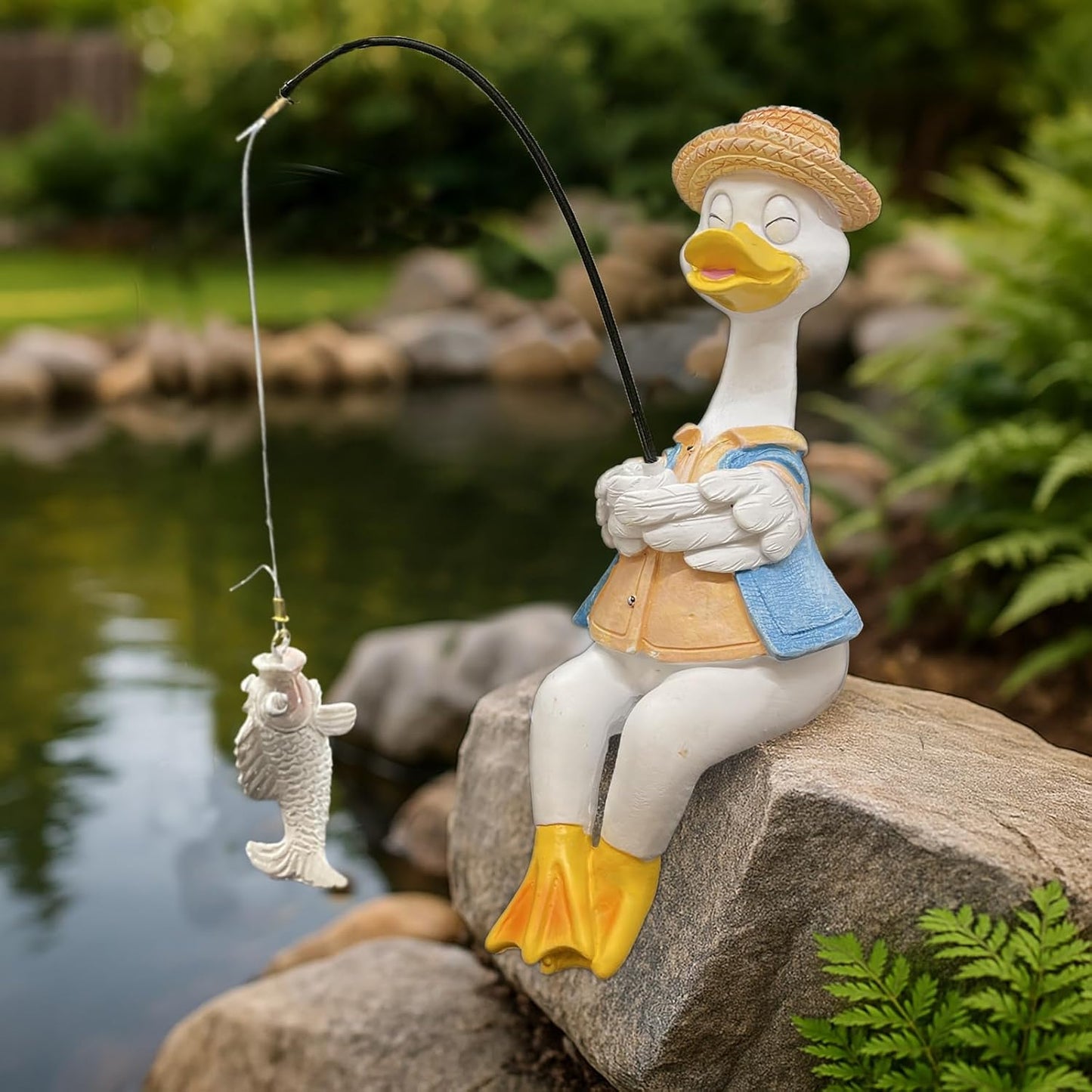 Duck Fishing Statue Garden Decor – 9.8" Weatherproof Resin Duck Fishing Sculpture Decor for Fish Ponds, Koi Ponds, Waterfalls, Poolside & Outdoor Gardens– Resin Figurine for Indoor & Outdoor Décor