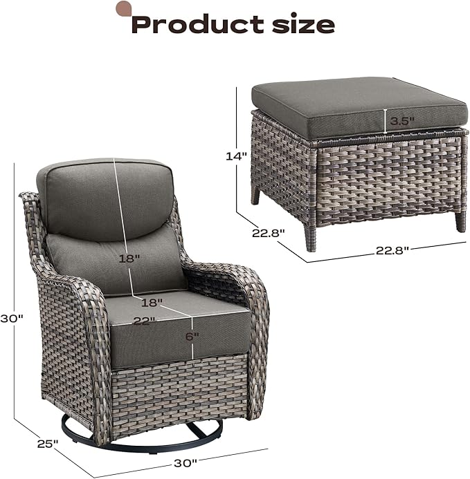 Rilyson Outdoor Wicker Patio Furniture Set - 4 Piece Patio Conversation Set with Swivel Rocker Chairs and Ottomans, 6 inch Cushions, High Back, Deep Seating, for Porch Deck Garden Mixed Grey/Grey