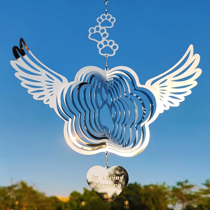 DJUAN Pet Memorial Wind Spinners, Dog Memorial Gifts,Stainless Steel Angel Wings Pet Paw Print,Dogs and Cats Remembrance, Pet Sympathy,Pet Loss Bereavement Gifts