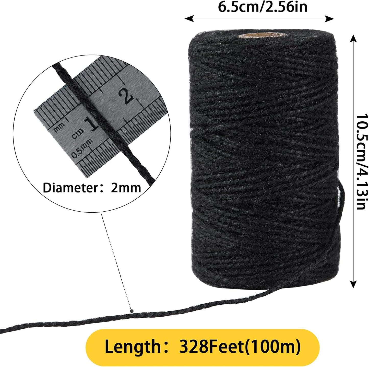 328 Feet 2mm Thick Black Natural Jute Twine, Garden Twine Heavy Duty Industrial Packing Materials String Wrapping, Arts, and Crafts, Halloween Wrapping, Gardening Applications