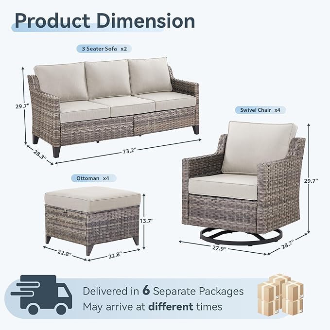 10 Piece Patio Furniture Set-High Back Outdoor Furniture Set Sectional Sofa with Wicker Swivel Patio Chairs,Comfy Cushions Ottomans for Porch Balcony Patio Deck Grey/Beige