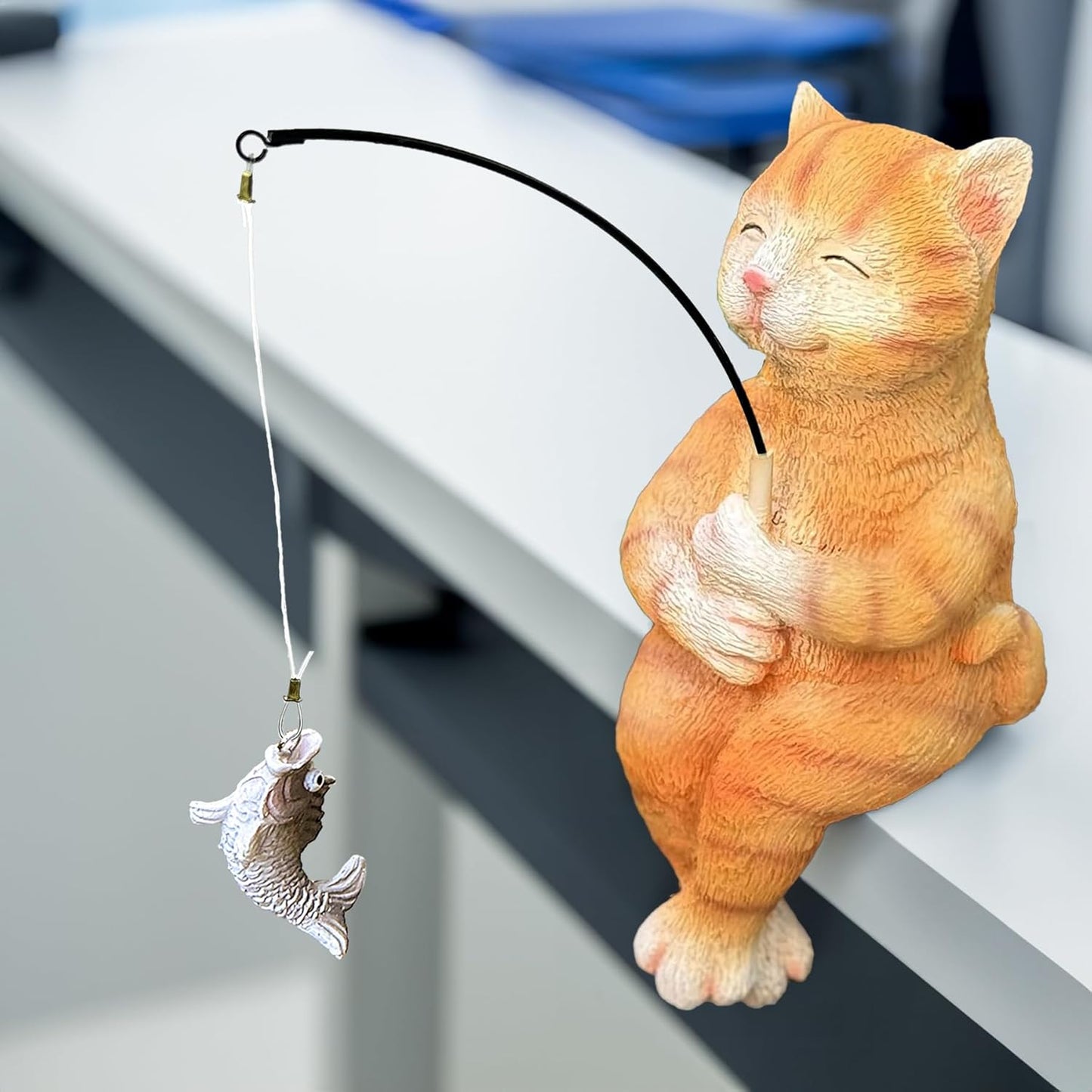 Garden Funny Orange Cat Pond Statue - 11" Cat Fishing Poolside Decor, Animals Outdoor Statue