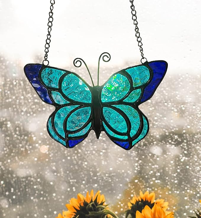 Blue Butterfly Suncatcher Stained Glass Window Hanging Panel Christmas Decor,Glass Butterfly Gift for Mom, Women 5.9×5.3Inch