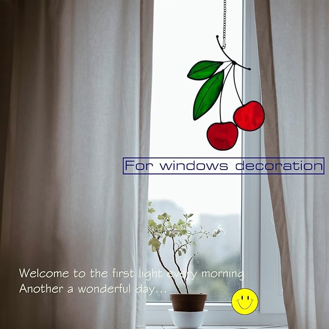 Stained Glass red Cherry Window Hanging Sun Catcher Christmas Thanksgiving Gifts Birthday Gifts for Lover and Friends