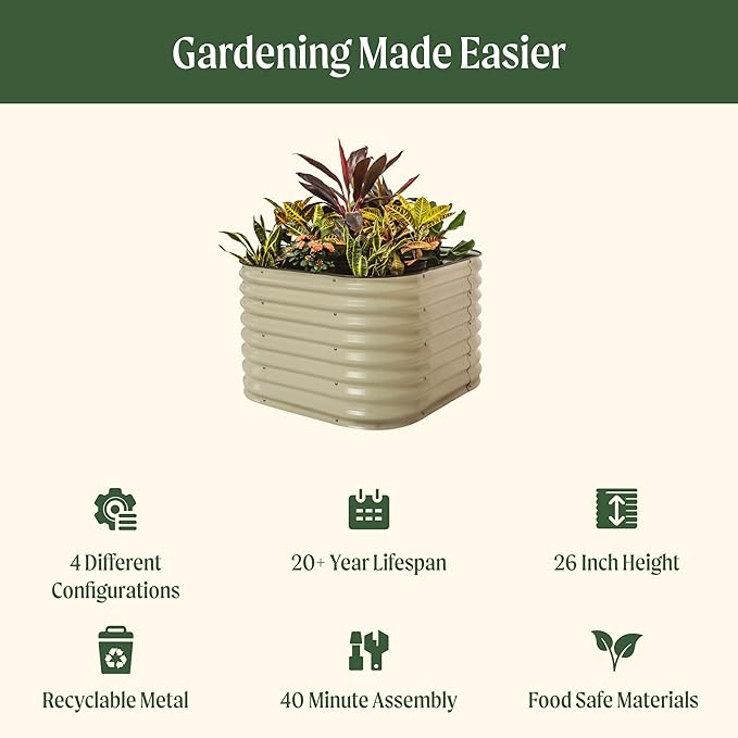 Vego garden 26" Extra Tall Raised Garden Bed Kits, 4 in 1 Modular Raised Planter Box for Vegetables Flowers Fruits Oval Metal Raised Garden Pearl White
