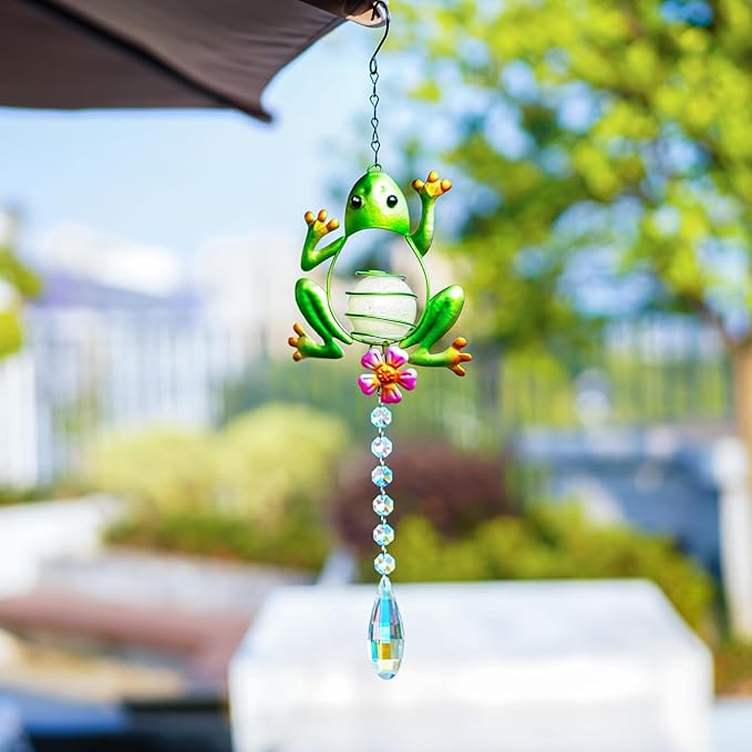 Stained Glass Metal Frog Suncatcher Crystals for Window Ornament - 17" Outdoor Fence Wall Art Decor, Rainbow Maker Hanging for Garden Yard Living Room Bedroom Patio Balcony