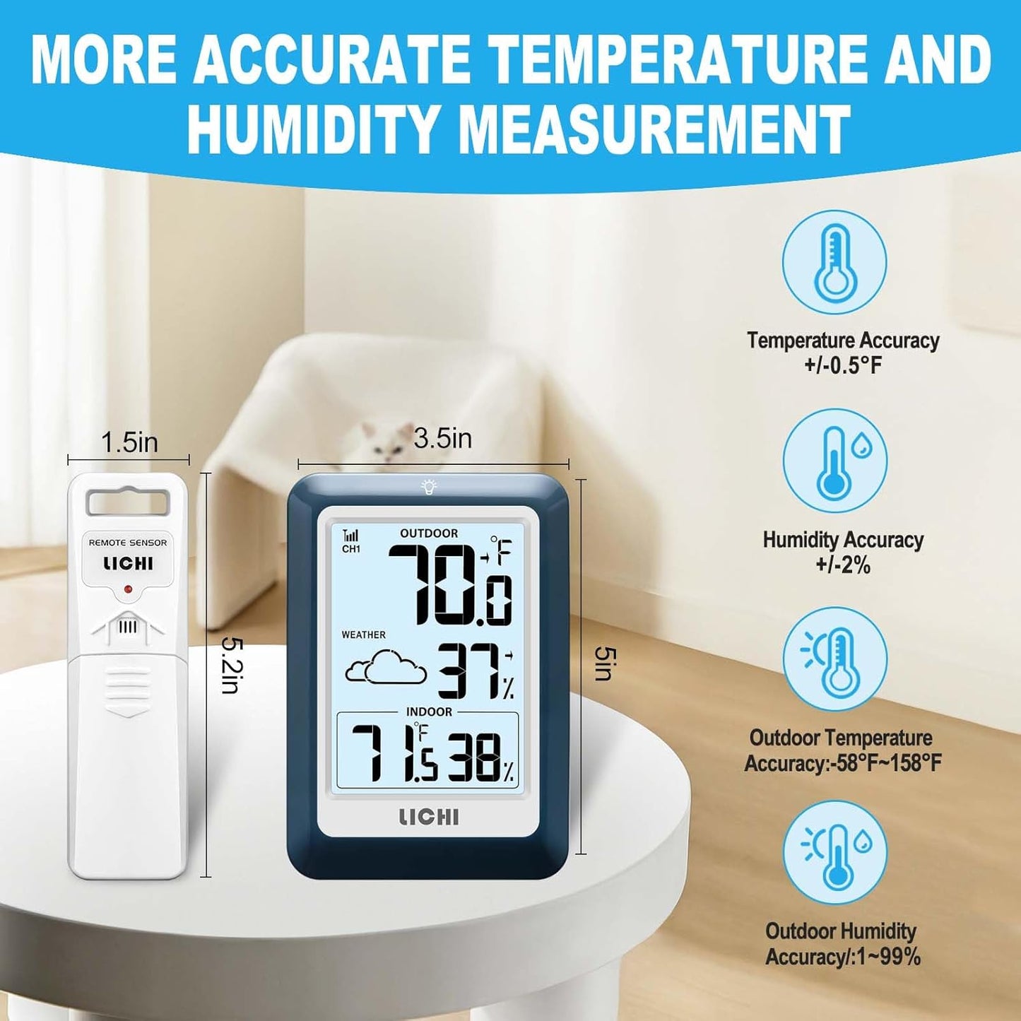 Indoor Outdoor Thermometer Wireless Weather Station, Internal External Thermometer Hygrometer, Home Batteryoperated Temperature Humiditymonitors330 Feet (About 100 Meters) Backlight Display (Blue)