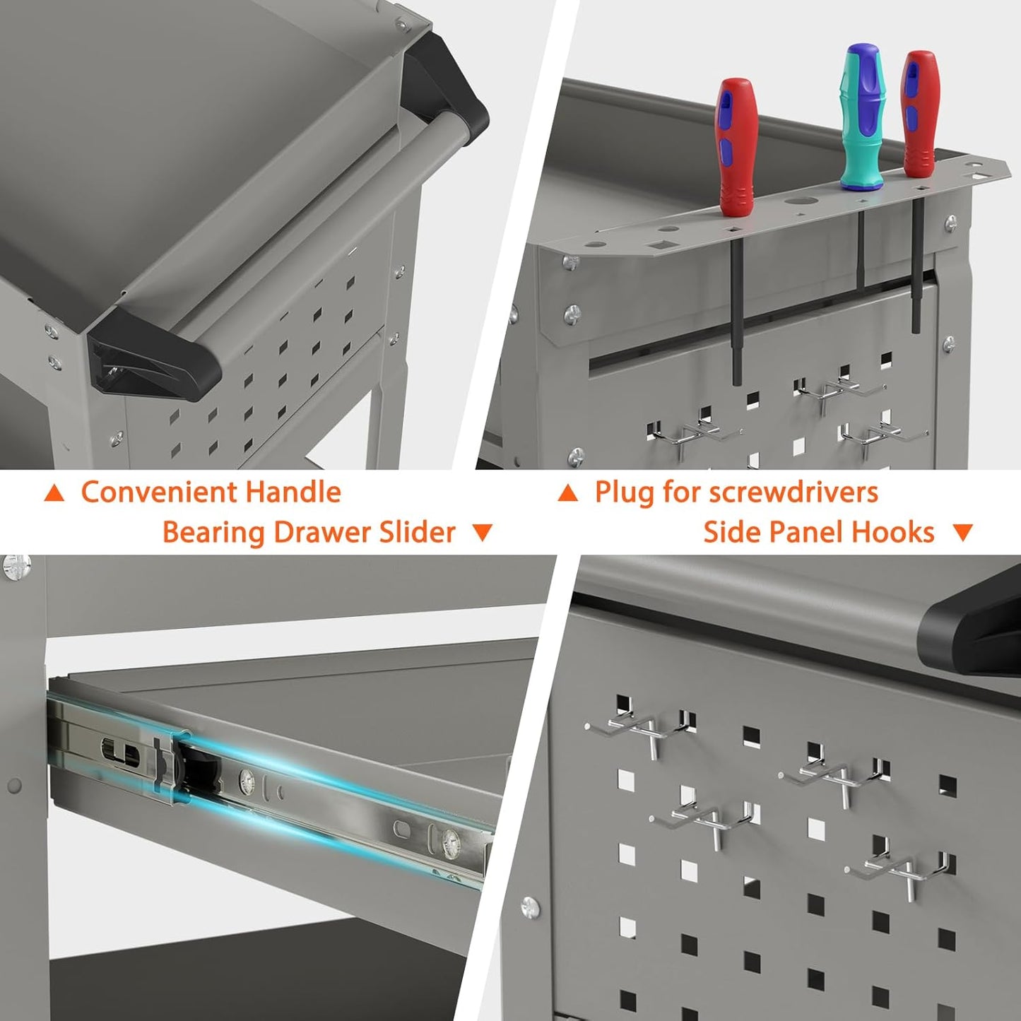 3-Tier Heavy Duty Utility Cart on Wheels, Rolling Tool Cart on Wheels with a Drawer, 350 Lbs Load Capacity Service Cart for Warehous, Garage and Repair Shop (Grey)