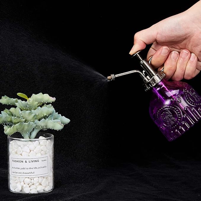 Glass Plant Mister Spray Bottle, 6.5" Tall Vintage Plant Spritzer Watering Can, Succulent Watering Bottle with Top Pump, Small Plant Sprayer Mister for Indoor Outdoor House Plant - Purple