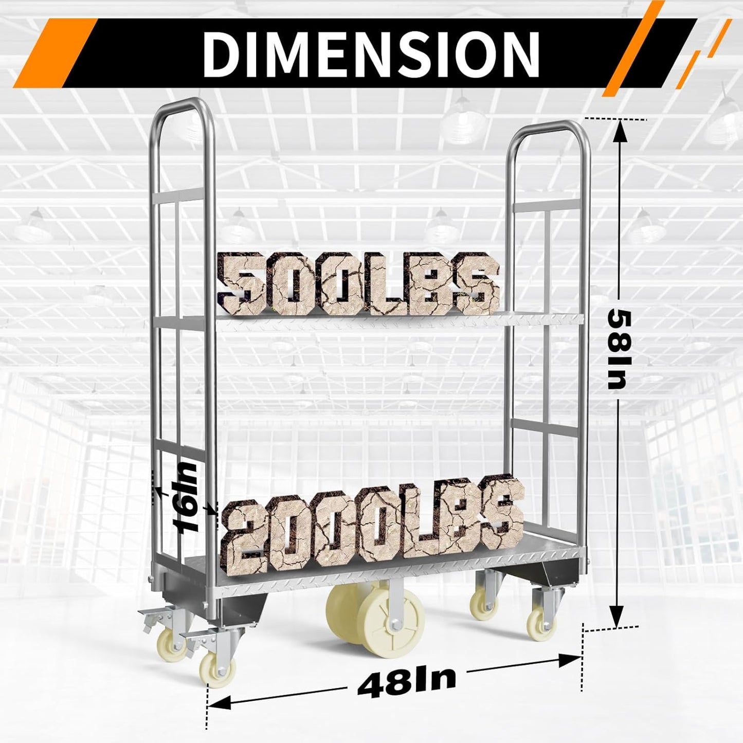 Two Tier U-Boat Platform Truck Cart, 16 x 48Inch Narrow Aisle Flatbed Truck w/6PCS Wheel Caster 2500LBS Weight Capacity Heavy Duty Platform Dolly with Removable Handles for Warehouse, Storage Room