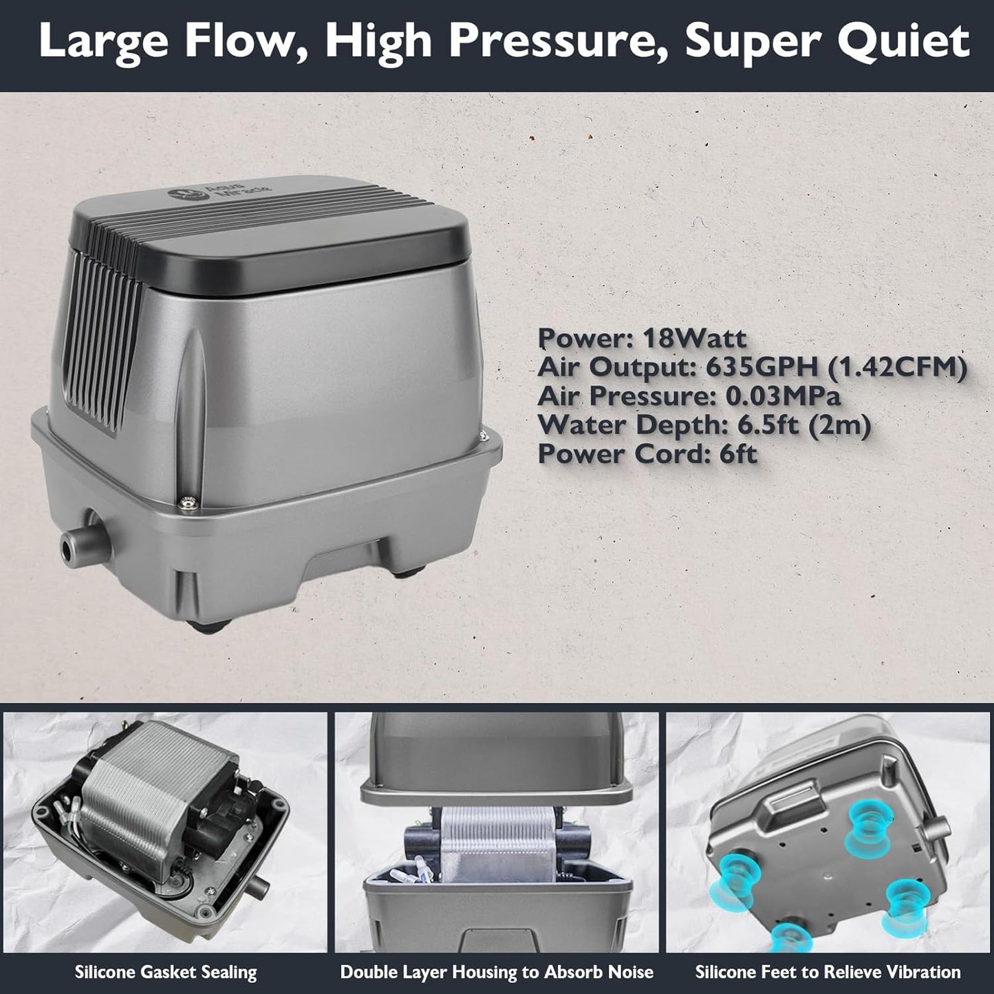 AquaMiracle Koi Pond Aerator Pond Air Pump for Outdoor Ponds 5000-10000 Gallons, All-in-One Aeration Kit with Self-Sinking Airline Flow Control Rubber Air Diffuser