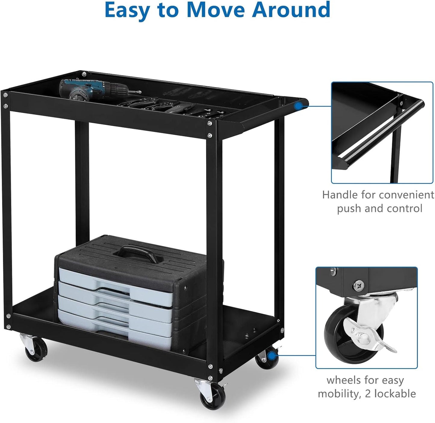 TUFFIOM 2 Tier Rolling Tool Cart on Wheels w/2 Brake, 220 LBS Capacity Heavy Duty Commercial Utility Tool Service Cart, Tool Organizer for Mechanic,Garage,Workshop,Warehouse & Repair Shop
