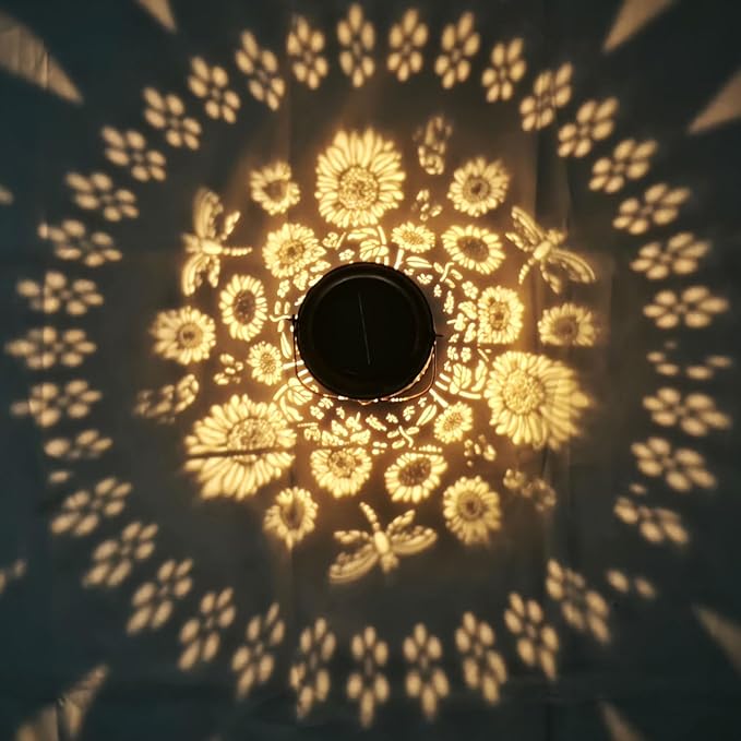 Solar Lanterns Sunflower Dragonfly Butterfly Lights Outdoor Decor Hanging Lantern Waterproof Metal LED Garden Decor Decorative,Yard,Patio,Lawn,Christmas Gifts 1 Pack Bronze