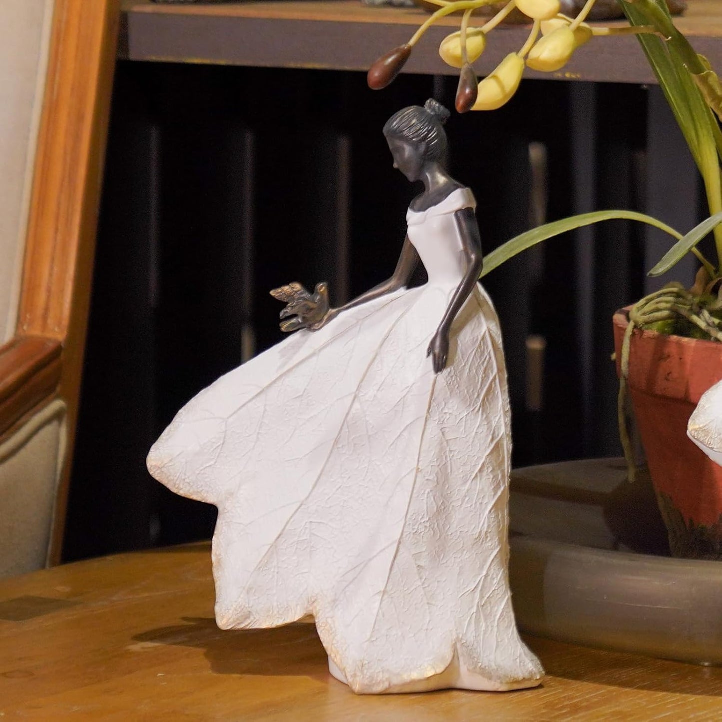 Guichifun Fairy Statue Collection Home Decoration - White Leaf Angel Girls with Bird Resin Home Decor for Outdoor or Indoor Outdoor Yard Decorations Figurines Retirement Gift 8.5 x 5.25 x 12 Inch