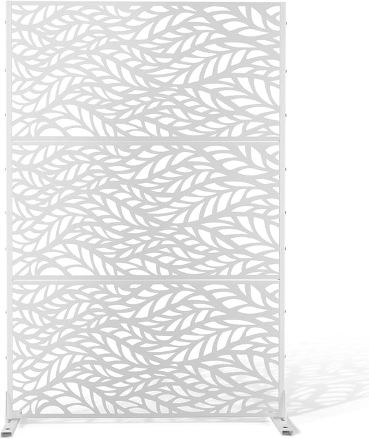 Metal Privacy Screen,72" H47 W,Freestanding Decorative Privacy Screen for Balcony Patio Lawn Garden,Privacy Fence Privacy Panel-White & Leaf