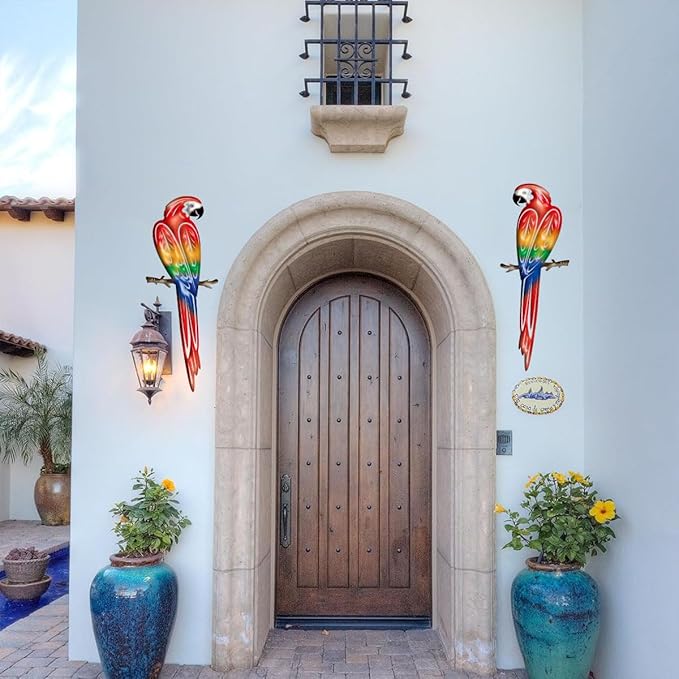 Metal Outdoor Wall Art Decor,3D Colorful Garden Birds Sculpture Outdoor Iron Hanging Parrot Decor, Metal Hand-Made Bird Wall Art Decorations for Fence Patio Balcony Living Room