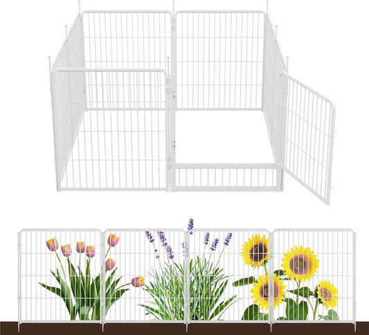 Decorative Garden Fence with Gate 32 in(H) x 17.8 ft(L) 8 Panels, Heavy Duty Metal Animal Barrier Fence for Yard, Flower Bed Fencing, Garden Border Fence, Easy Set Up, White