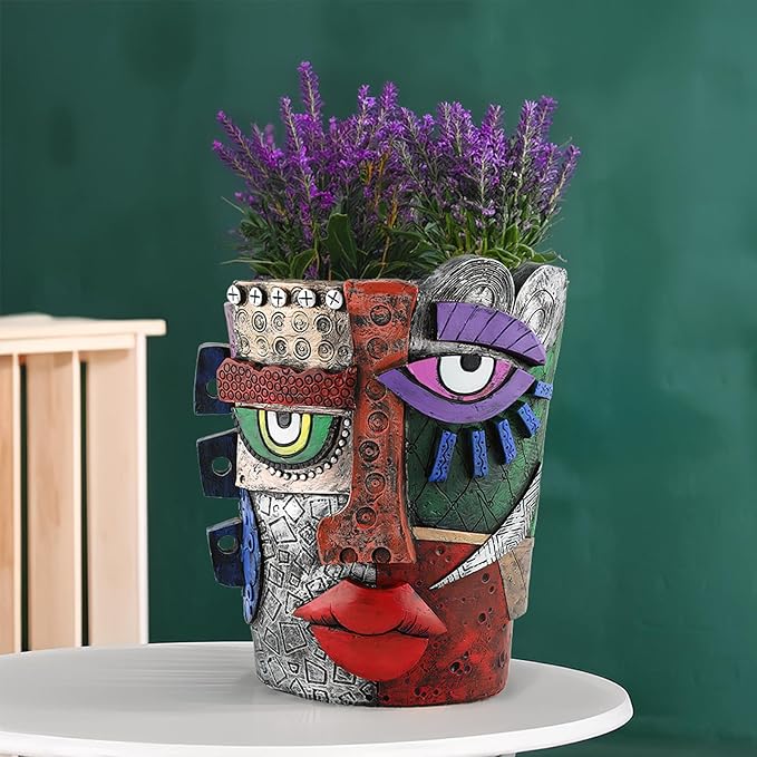 Picasso Brutalist Abstract Beauty Face Flower Pot Acolorful Art Resin Handmade Face Planters Pots Head for Home Art Decor Balcony Ornaments (Serious)