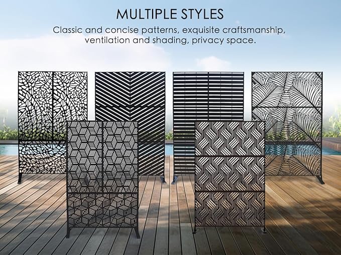 Kozyard Metal Privacy Screen 74" H x 47.2" W Decorative Outdoor Divider with Stand Panels Freestanding Screen Set for Deck Patio Balcony Garden Outdoor&Indoor(Black/Hexagonal Star)