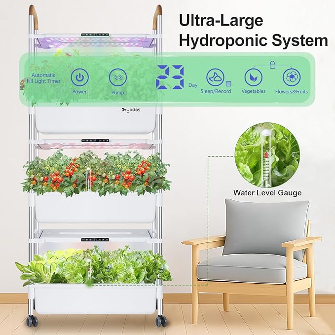 Indoor Garden Hydroponic Growing System with 81 Pods Herbs Garden Kit with 30W Led Grow Light Large Movable 3-Layer Floor-Standing hydroponic Gardening System Planter Grower for Vegetable Fruit
