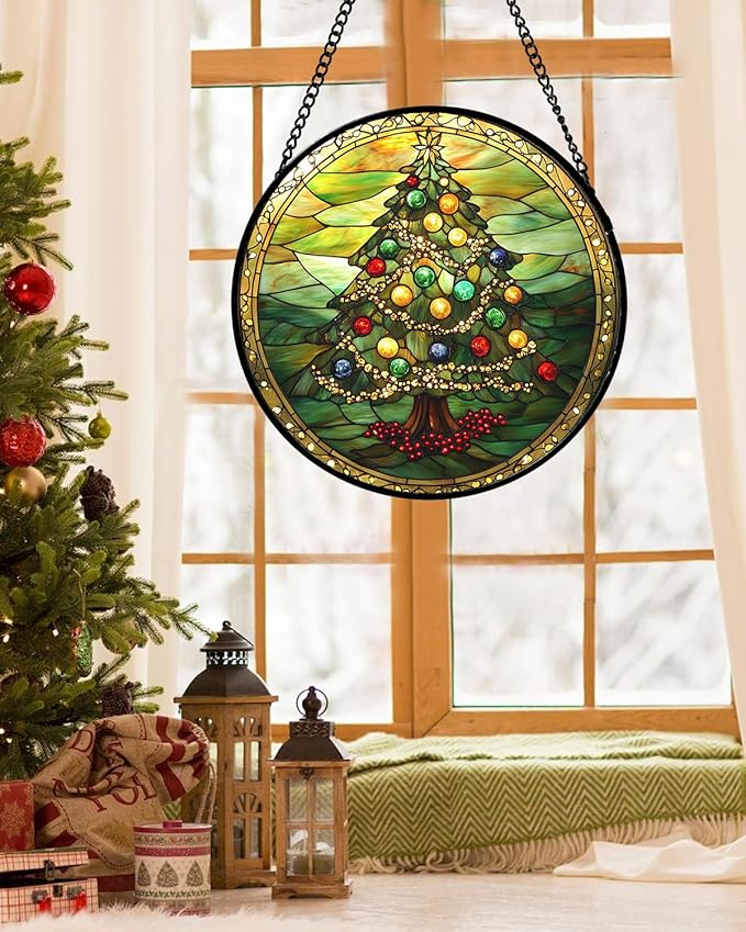 Stained Glass Window Hanging - Green Christmas Tree Gold Ribbon Suncatcher for Doors Home Christmas Decoration Sun Catcher Thanksgiving New Year Birthday Gifts for Women Men Mom Nana 7.8 in
