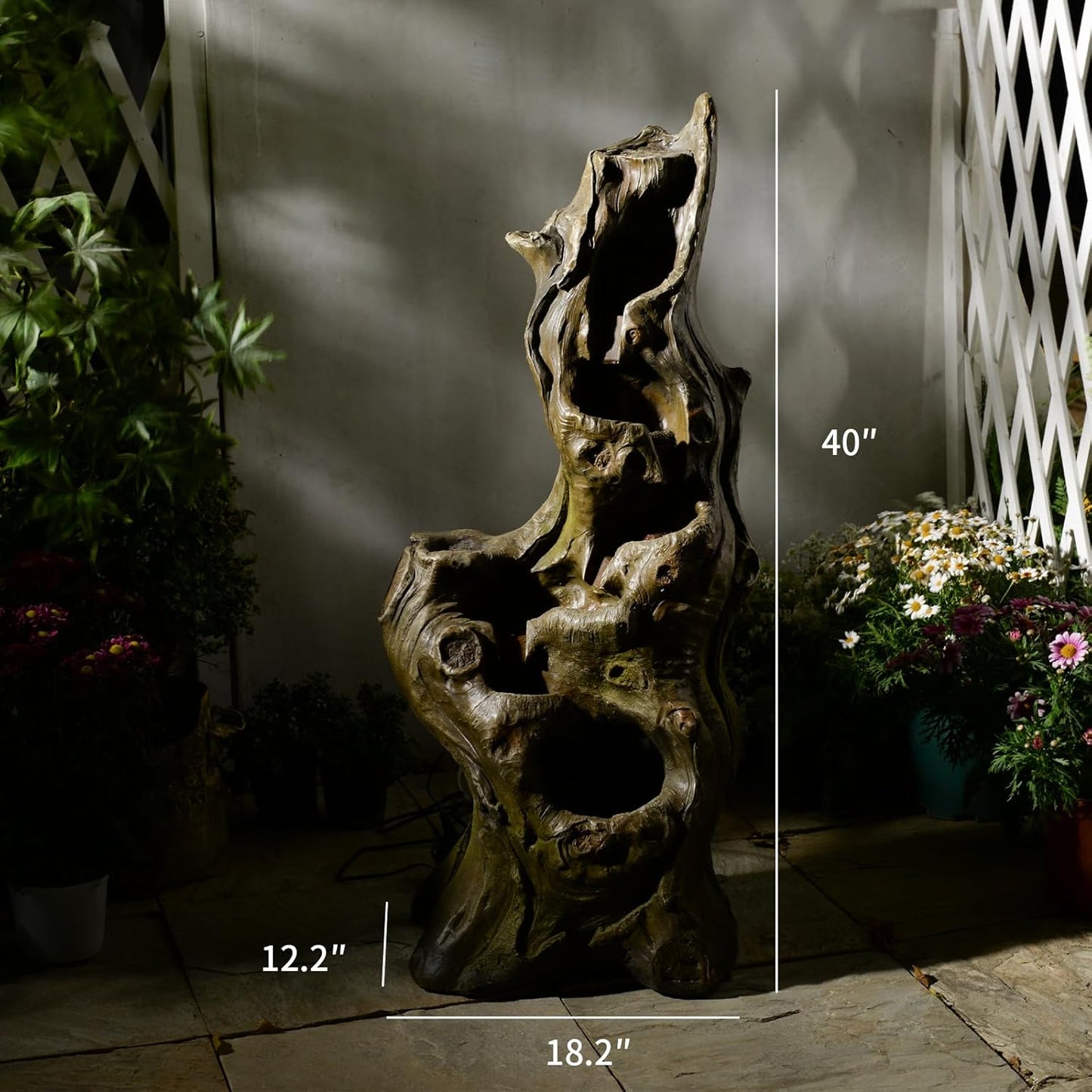 Water Fountain Outdoor 5-Tiers Large Cascading Realistic Tree Trunk Natural Waterfall Outdoor Fountain Resin Imitation Wood with LED Lights for Garden, Patio, Porch